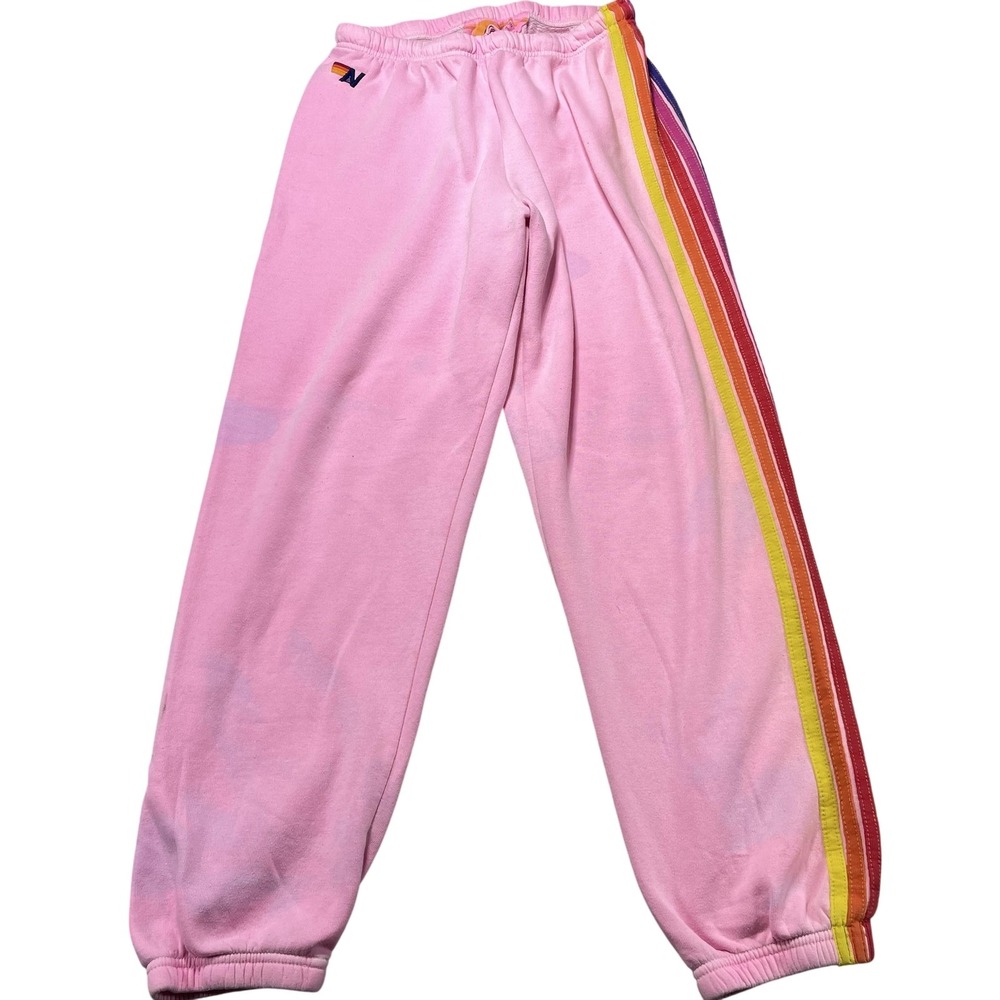 Aviator Nation Sweatpants Womens Large Pink Fleece Rainbow Stripe Jogger Flaws